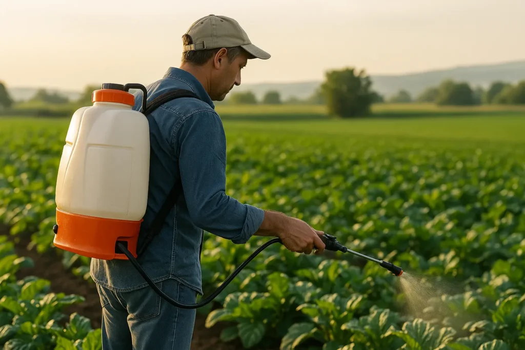 Agricultor aplicando control biológico o extracto natural