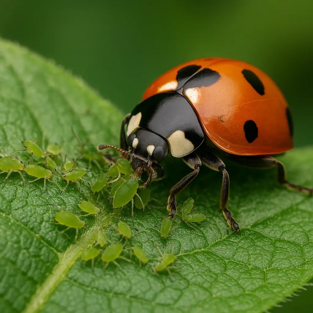 Mariquita devorando pulgones sobre hoja verde.