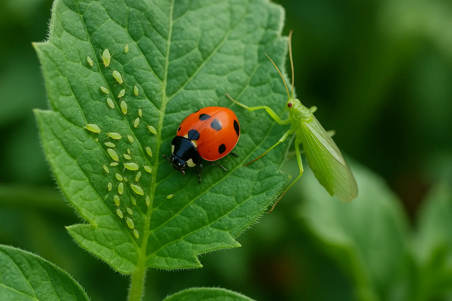 Primer plano macro de hoja con presencia visible de insectos dañinos