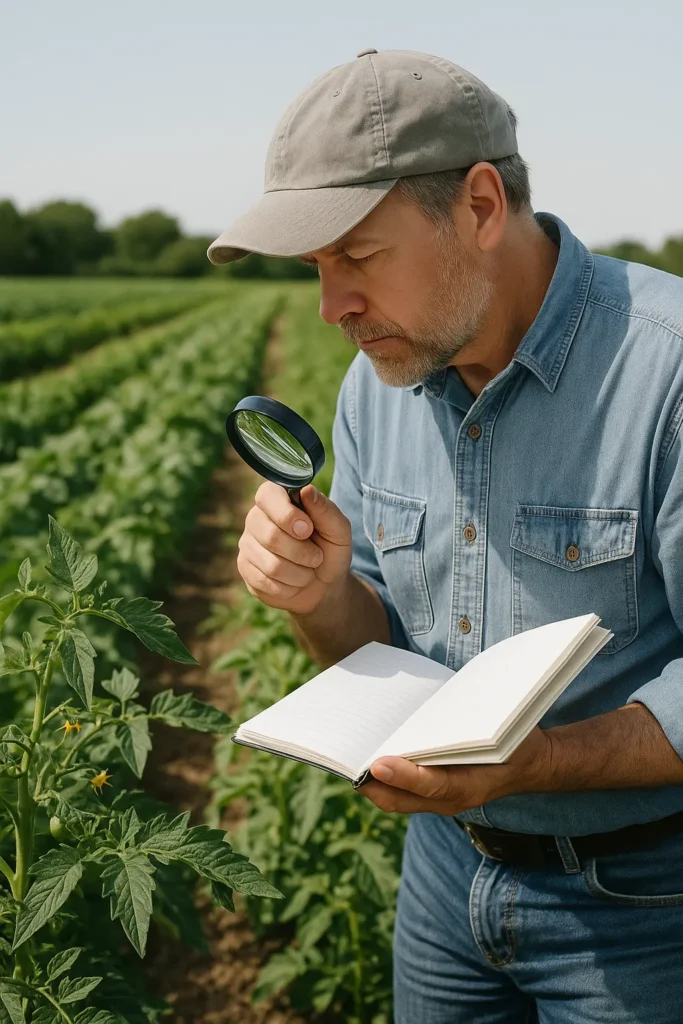 Técnico agrícola revisando hojas con lupa y cuaderno