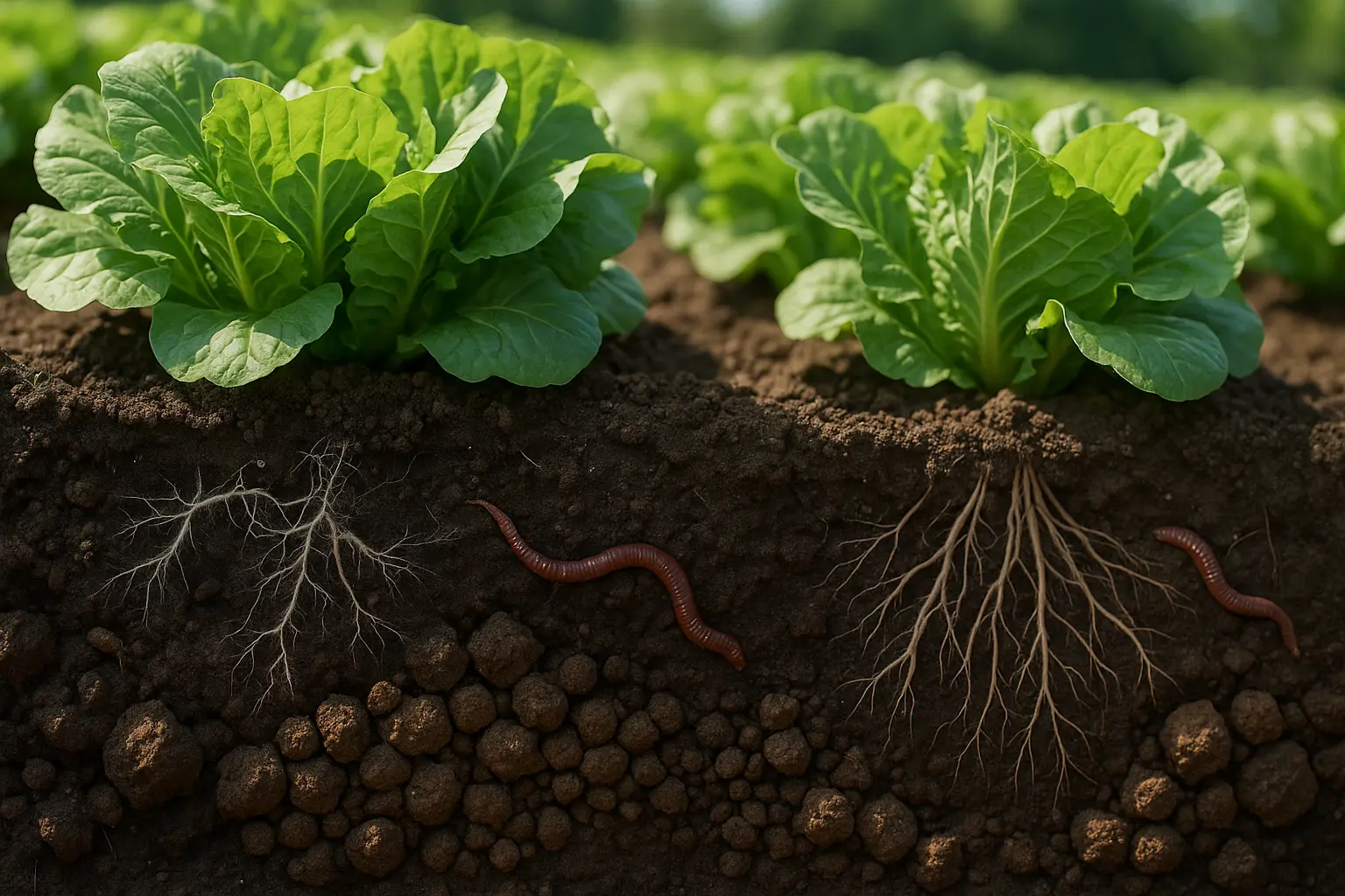 Suelo con plantas y raíces